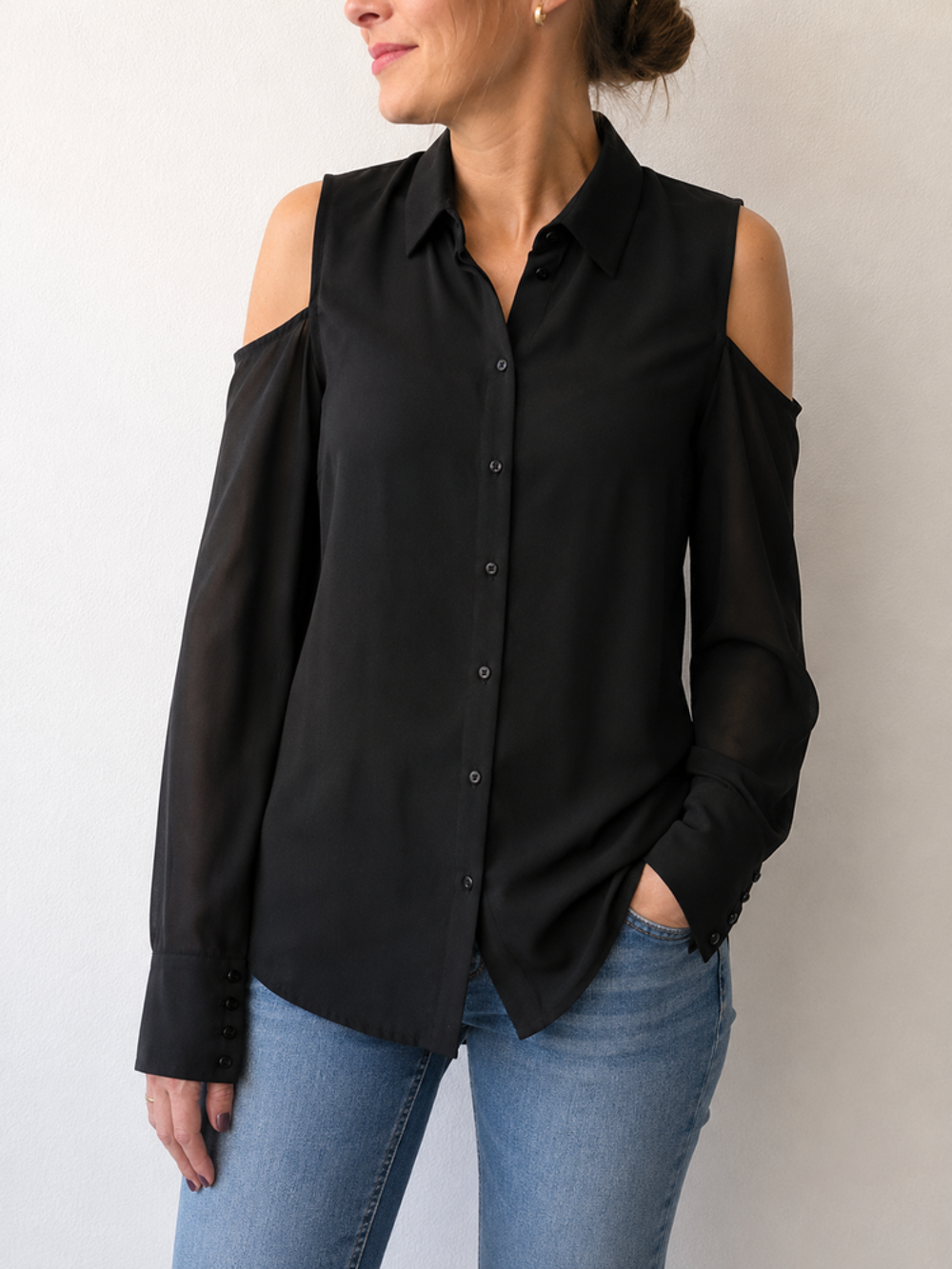 Chemisier guess femme S 36 noir epaules denudees manches lon Vêtements