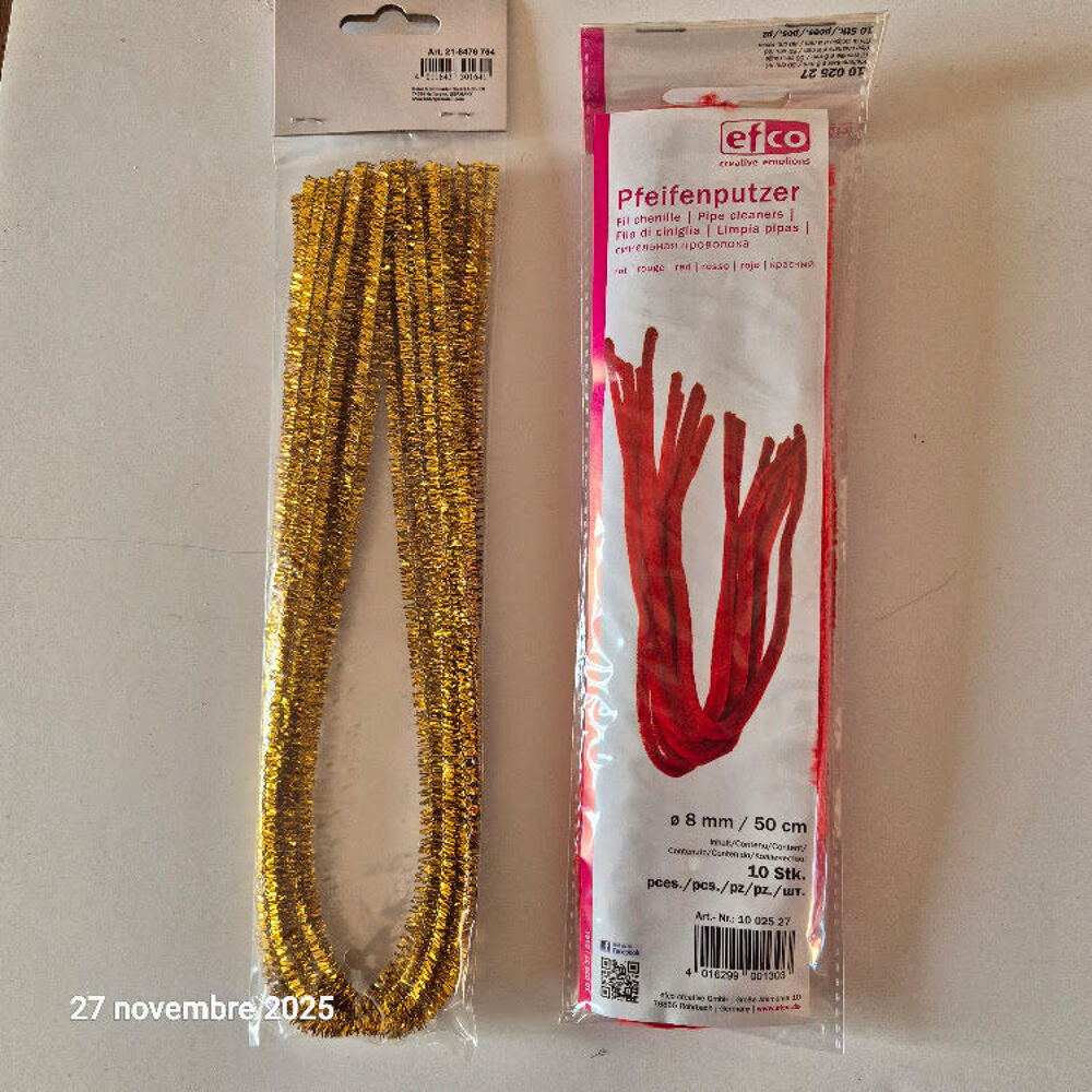 Fil chenille rouge, rose et or, diam&egrave;tre 8 mm x 50 c Décoration