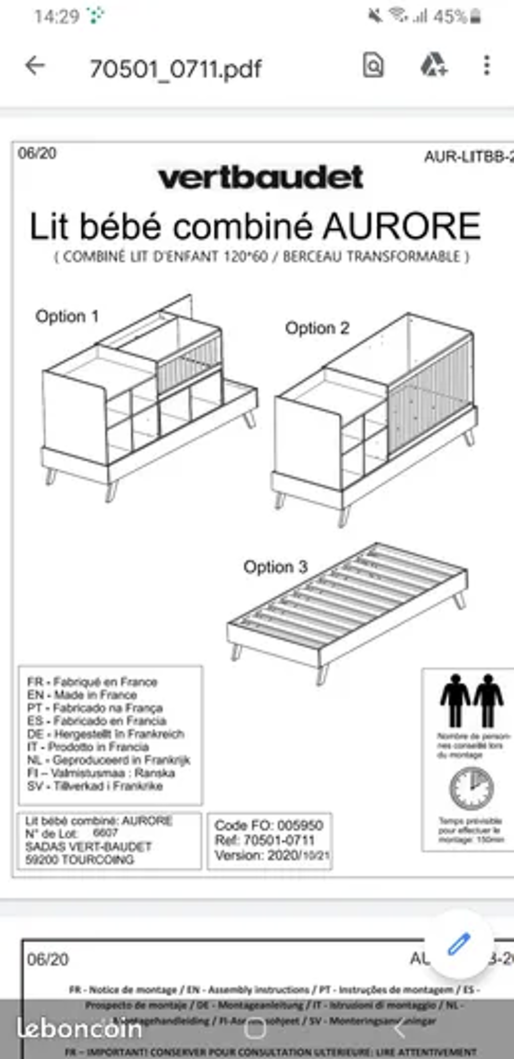 Lit berceau &eacute;volutif avec table a langer + matelas + 4 draps Meubles