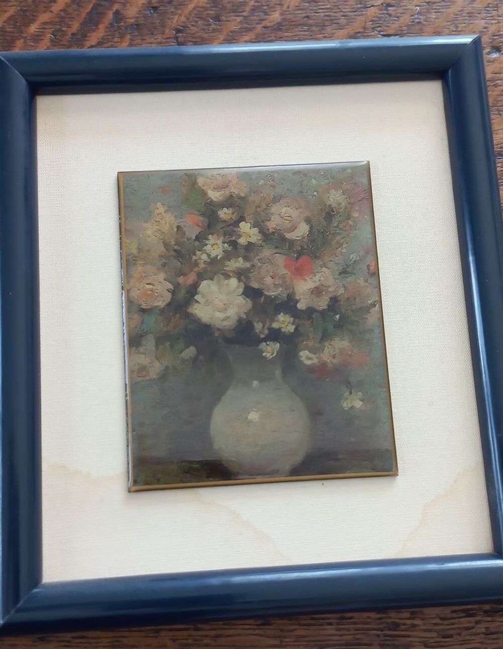 Lot 2 cadres avec peinture florale sur c&eacute;ramique Décoration
