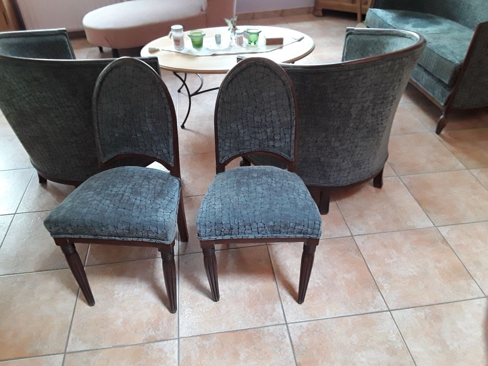 Salon style davis refait &agrave; neuf bois acajou tissus velours une banquette 2fauteuil 2chaises Meubles