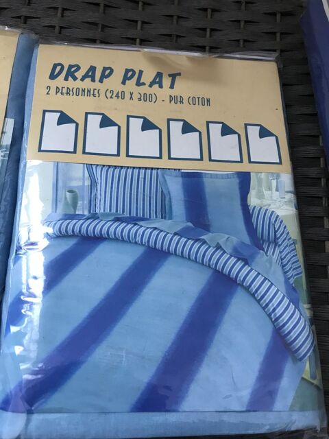 DRAP PLAT fines et grosses rayures BLEU 240 X 300 cm  COTON 18 Saint-Genis-Laval (69)