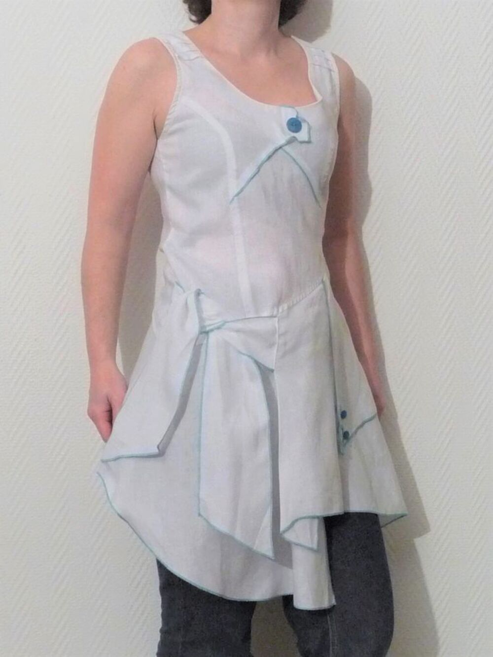 Tunique 100% Lin Blanc Bleu Turquoise sans manches-Me Paris Vêtements