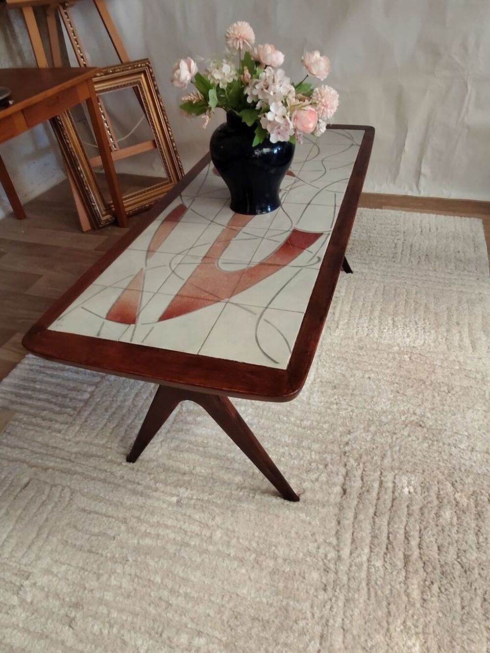 Table basse scandinave vintage &agrave; plateau carrel&eacute; - Edmund Meubles