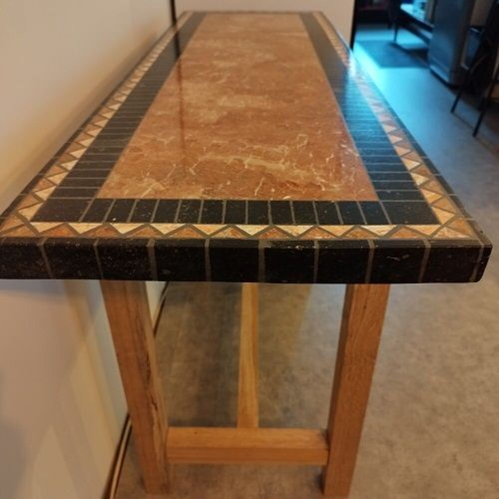 Table console, pi&egrave;tement bois, plateau marbre Meubles