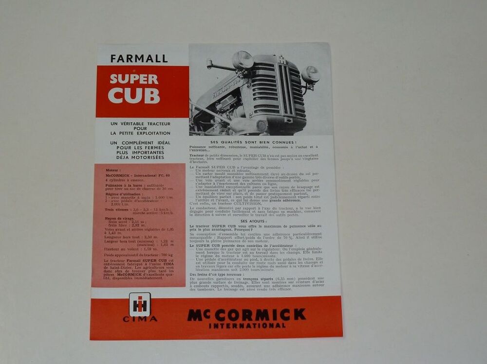 Prospectus brochure tracteur Mac CORMICK Super CUB 