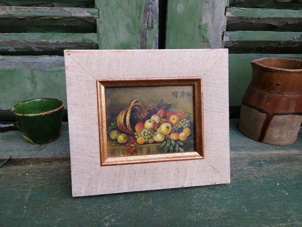 Petit Tableau Nature Morte aux Fruits Panier Renvers&eacute; Dcoration