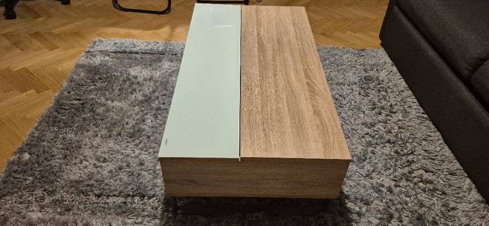 Table basse plateau relevable Blanc et ch&ecirc;ne Meubles