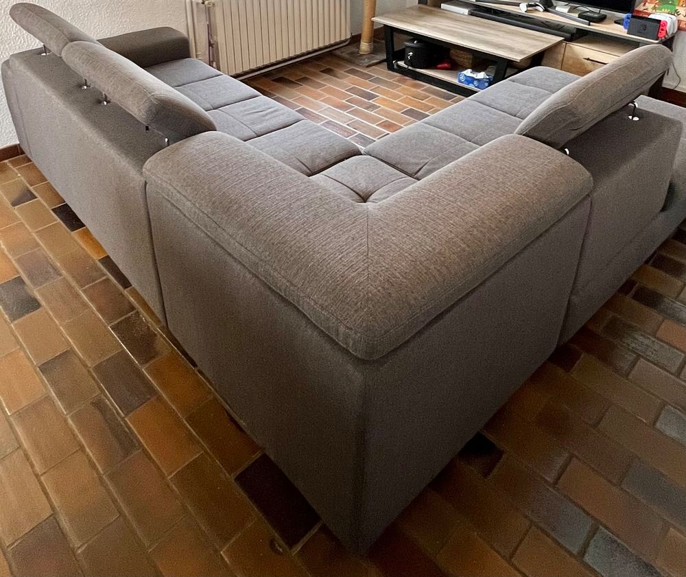 Canap&eacute; d'angle panoramique convertible en tissu gris Meubles