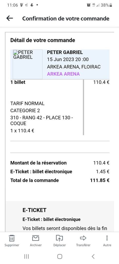 Place concert peter gabriel Bordeaux 15juin 2023 100 Grenoble (38)