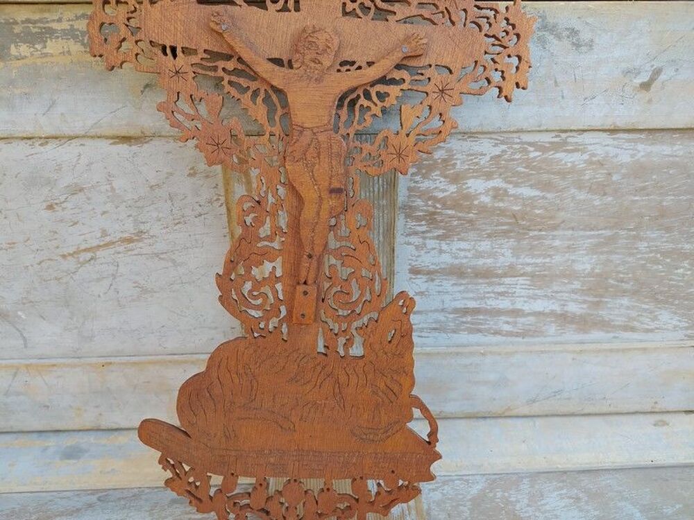 Ancien Crucifix Bois Chantourn&eacute; Croix Christ Religious Cross 