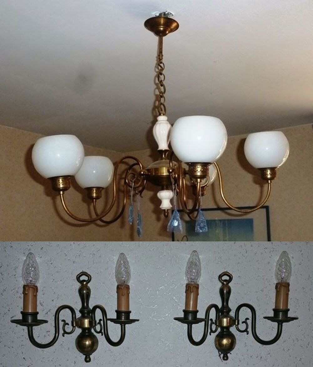 Lustre dor&eacute; 5 branches et 2 appliques Décoration