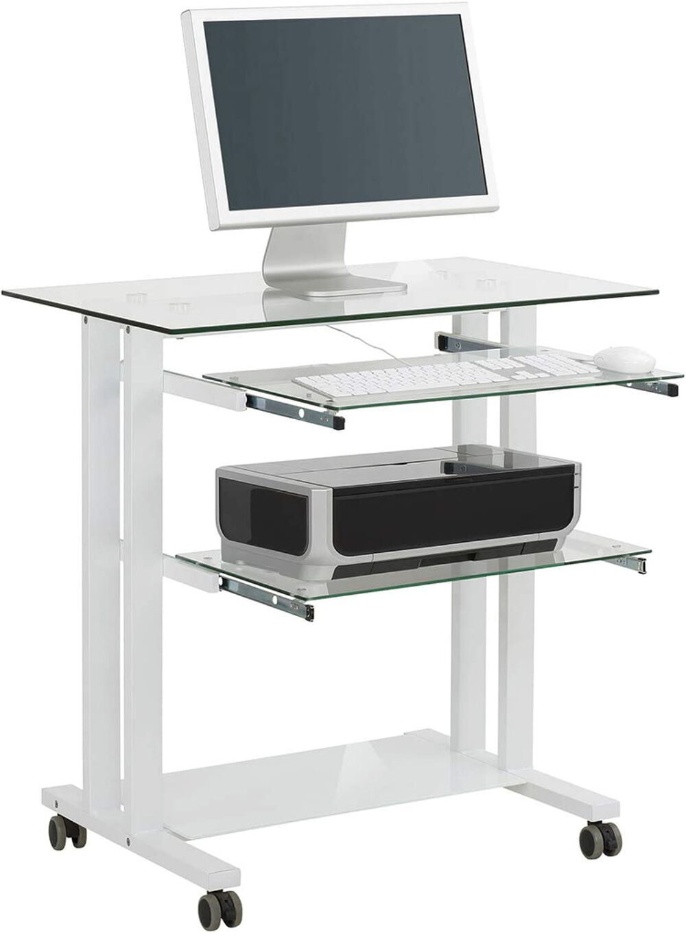 Bureau informatique verre et m&eacute;tal &agrave; roulettes Matériel informatique