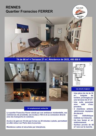  Appartement � vendre 4 pi�ces 98 m� Rennes