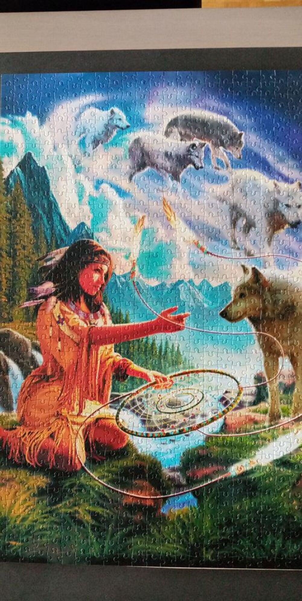 Tableau Puzzles 1000 pi&egrave;ces indienne et loups en montagne Dcoration