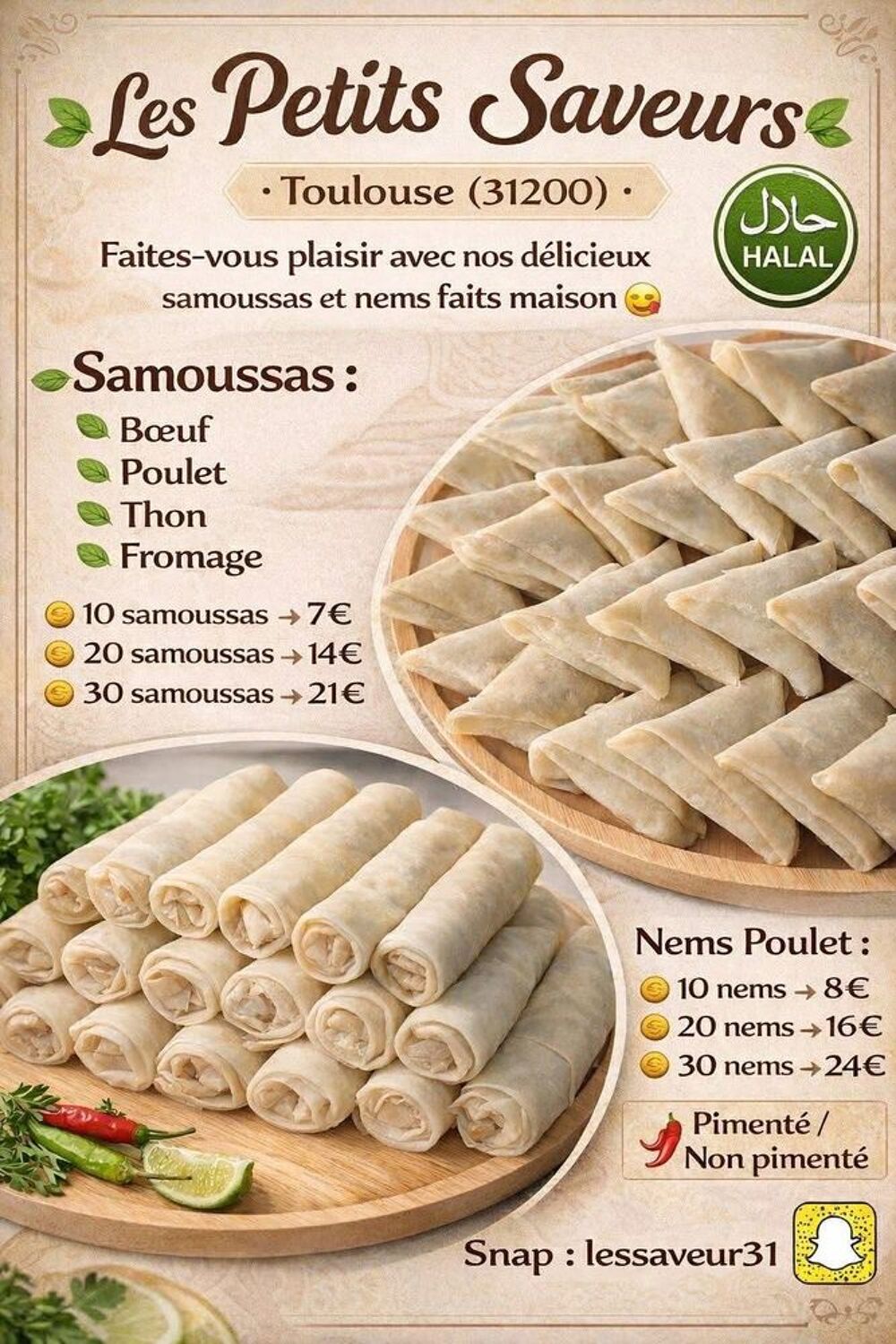   ðŸ¥Ÿ Samoussas & Nems Halal Faits Maison €