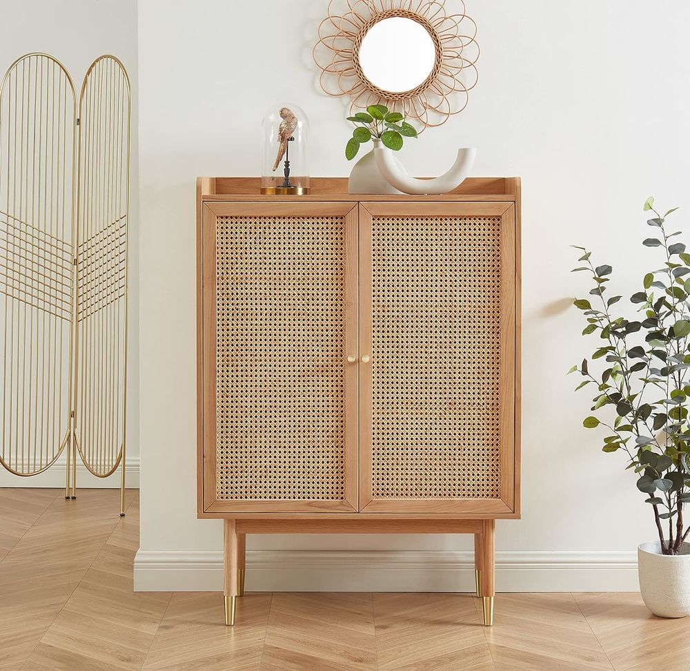 Buffet haut, ch&ecirc;ne et cannage rotin - Marque BAITA Meubles