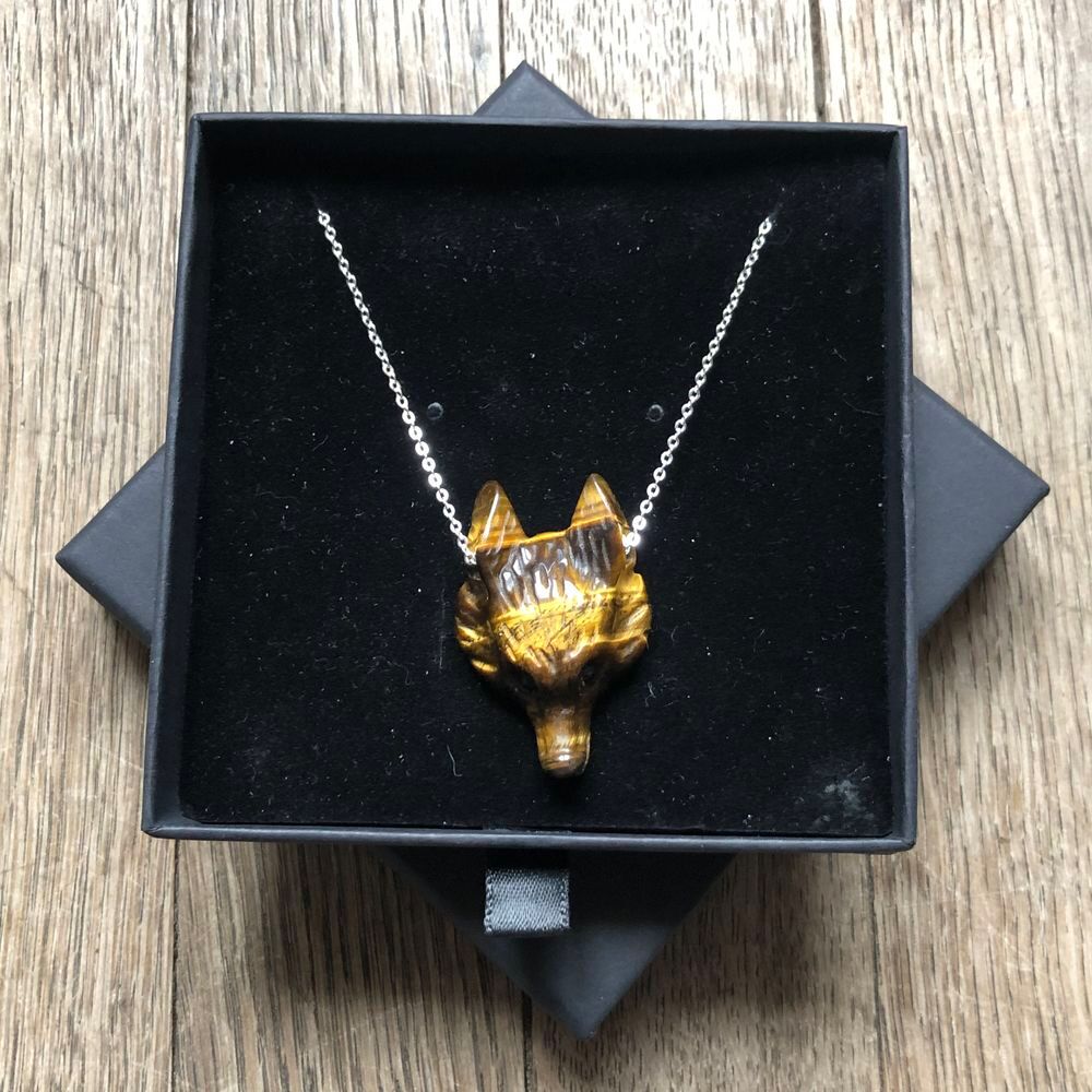 Collier argent 925 loup oeil de tigre naturel fait main Bijoux et montres