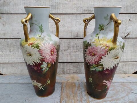 Grands Vases Faence Peint Dcor Chrysanthmes Sign MR 380 Loches (37)