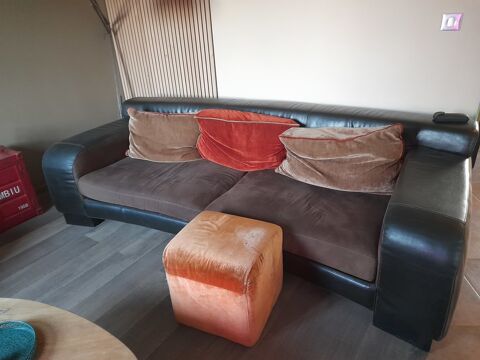 Canap� cuir et tissu avec pouf orange 350 Lombers (81)