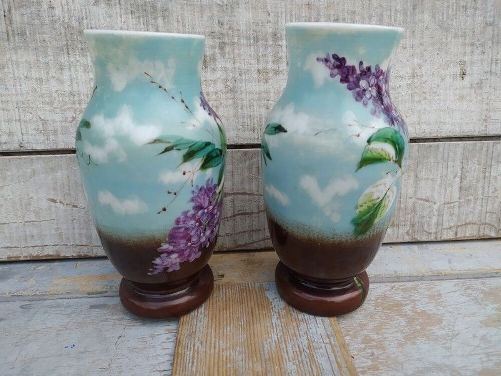 Vases Verre Opaline Peint &Eacute;maill&eacute; Fleurs de Lilas Décoration