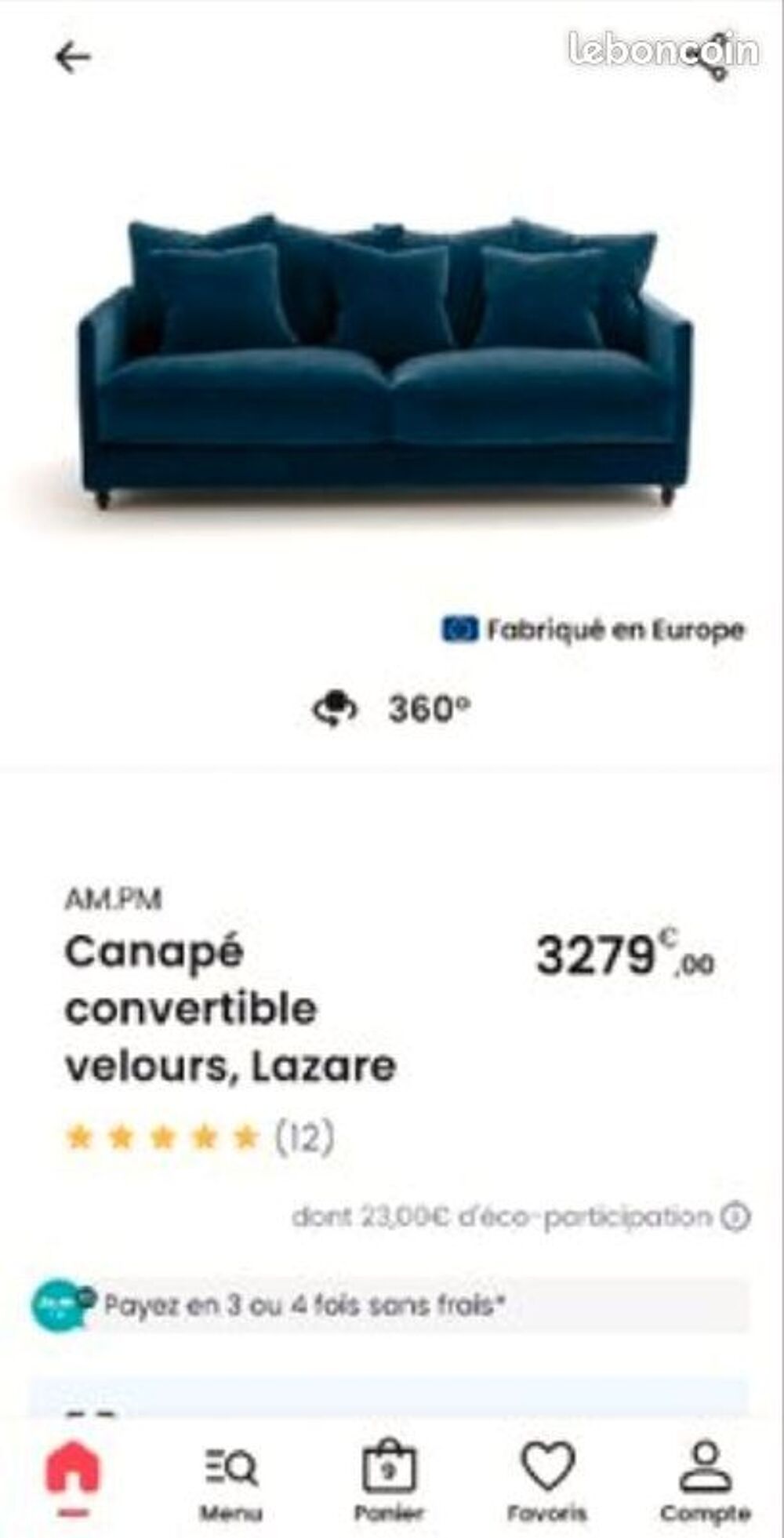 Canap&eacute; convertible 3 places et repose pieds Lazare am pm ble Meubles