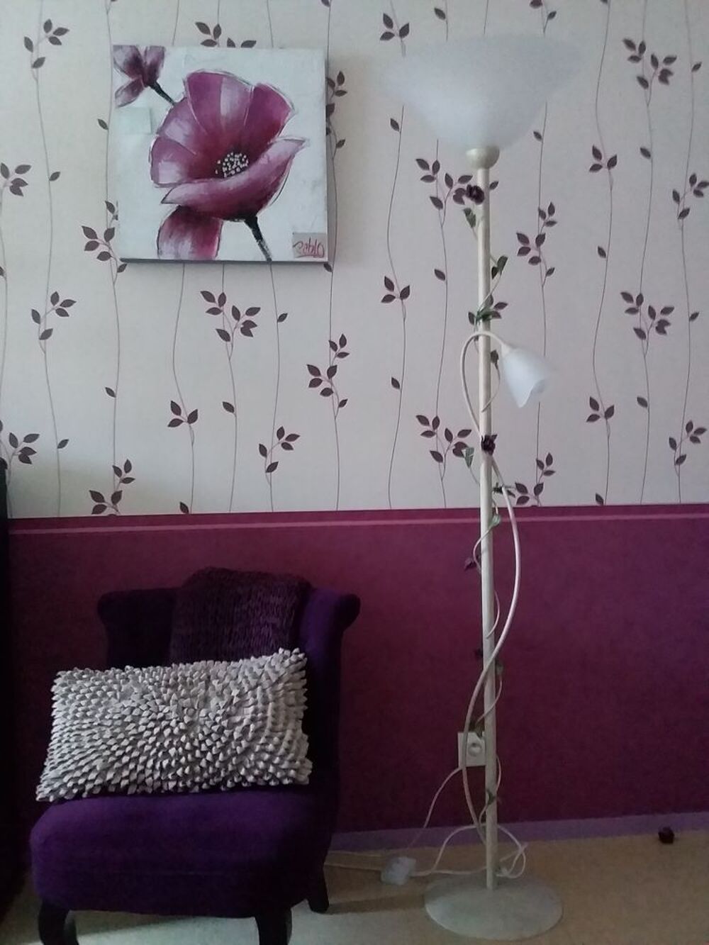 Lampadaire 2 L M&eacute;tal Fleurs Vintage Ivoire Décoration