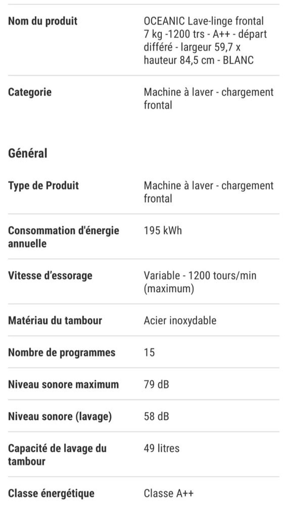 Machine &agrave; laver hublot Oceanic 7kg Electroménager