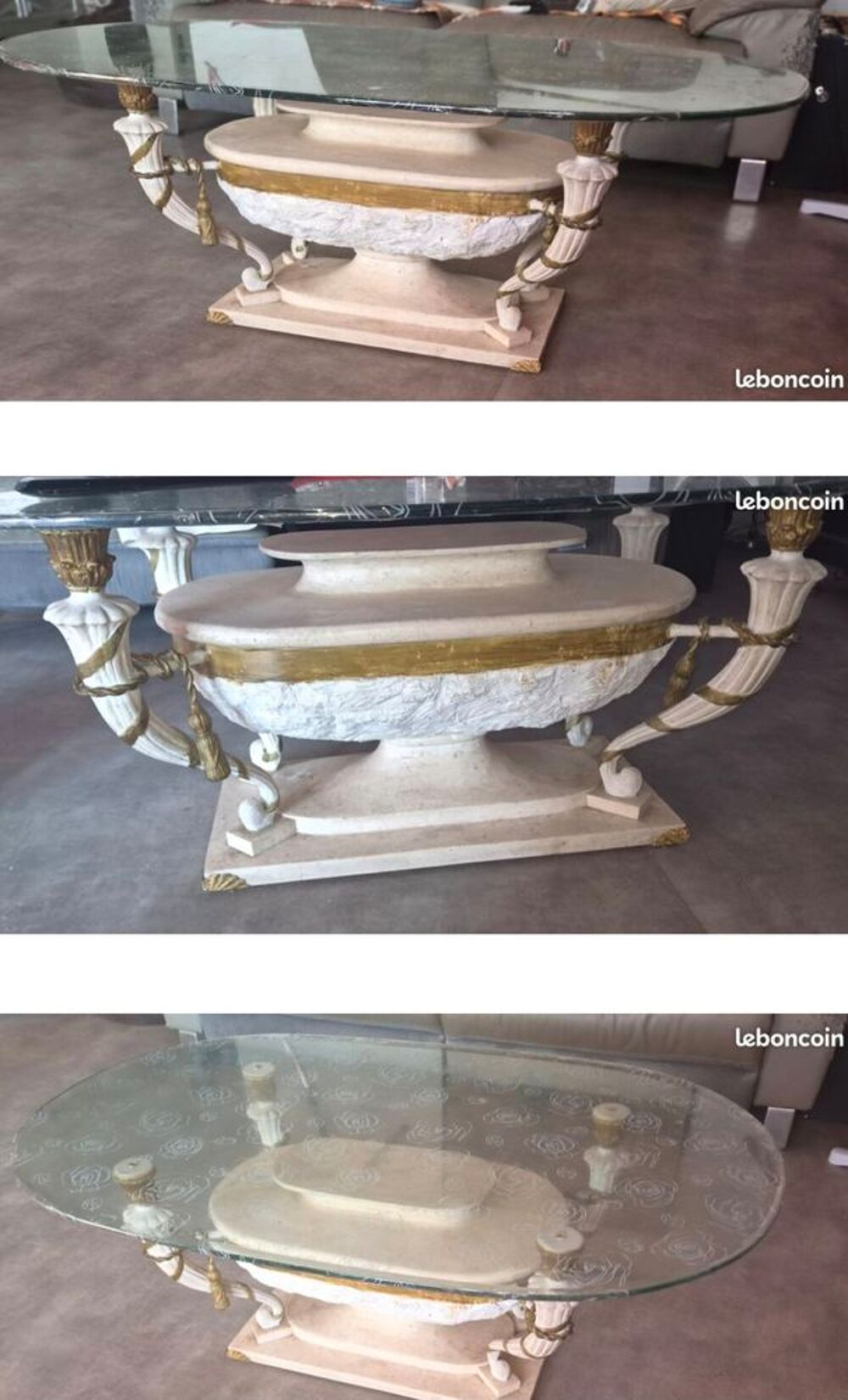 Table basse vintage en marbre v&eacute;ritable et verre biseaut&eacute; - Meubles