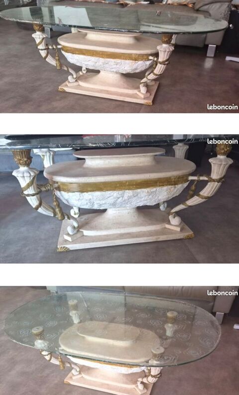 Table basse vintage en marbre véritable et verre biseauté - 500 Canet-en-Roussillon (66)