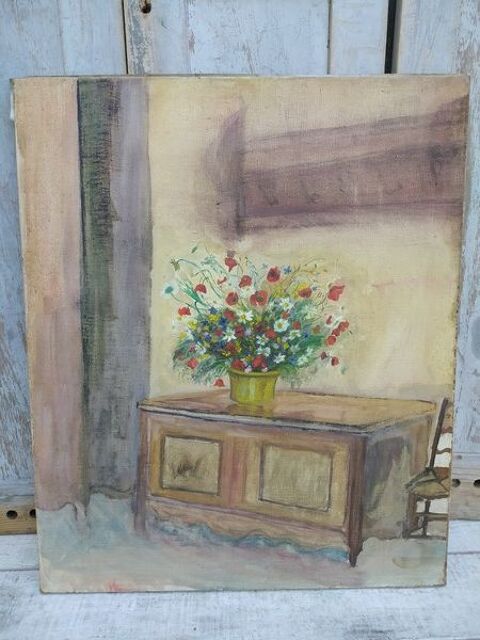Ancien Tableau Scène d'Intérieur Bouquet de Fleurs 50 Loches (37)