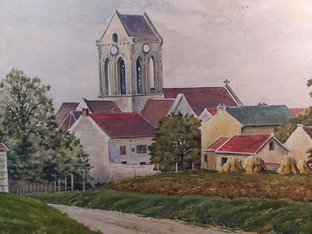 Ancien Tableau Vue du Village et Clocher d'Auvers sur Oise Décoration