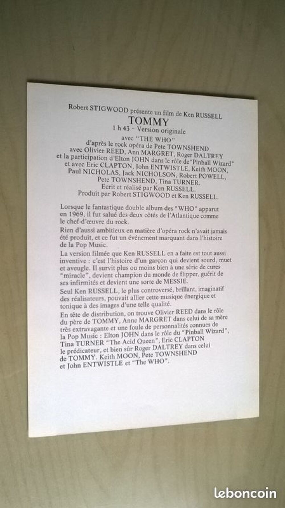 Tommy (Ken Russell, 1975) (1&egrave;re &eacute;dition Thorn Emi 1983 + Syn Photos/Video/TV