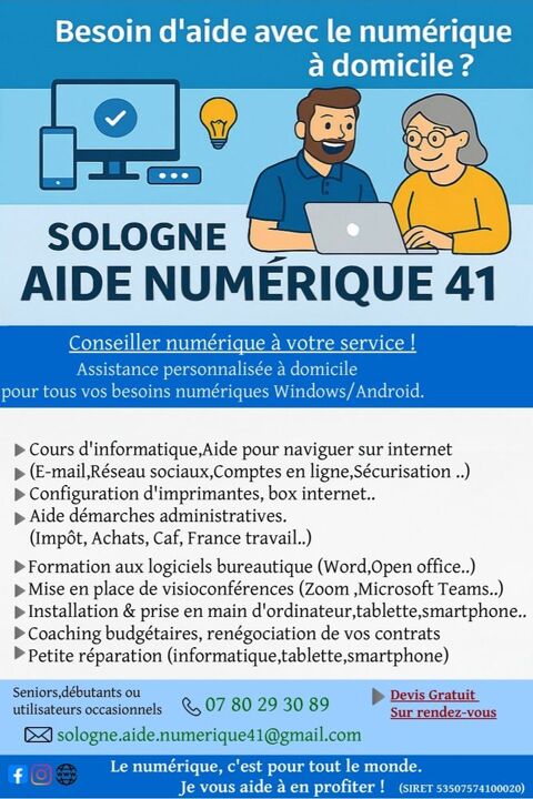 Assistance num&eacute;rique &agrave; domicile ? Sologne Aide Num&eacute;rique 41 0 41210 Marcilly-en-gault