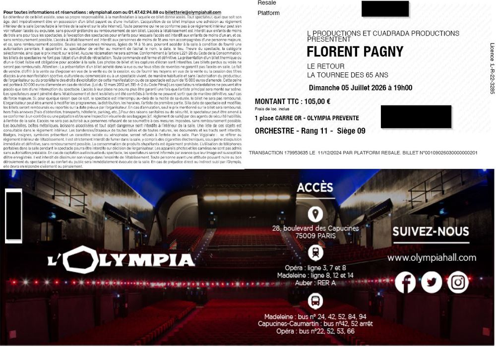 Billets concert Florent PAGNY &agrave; l'Olympia Billetterie