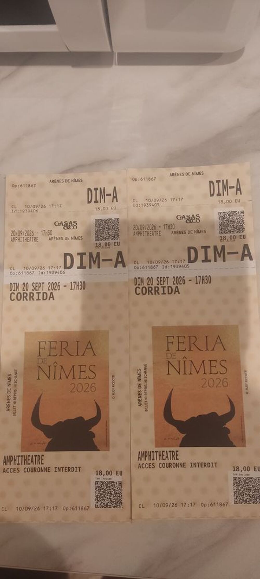 2 places corrida N&icirc;mes Amphith&eacute;&acirc;tre 20/09/26 17h30 Billetterie