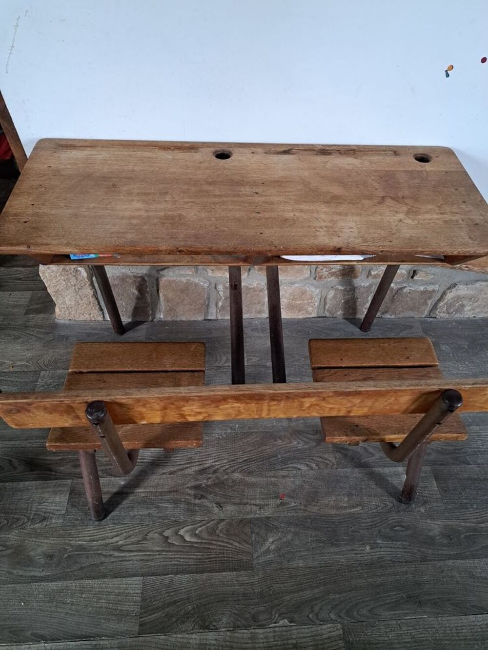 ancien bureau d'&eacute;colier en bois et m&eacute;tal Mobilier enfants