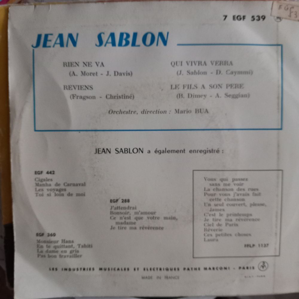 JEAN SABLON / 3 X DISQUES VYNIL 45 TOURS/ CD et vinyles