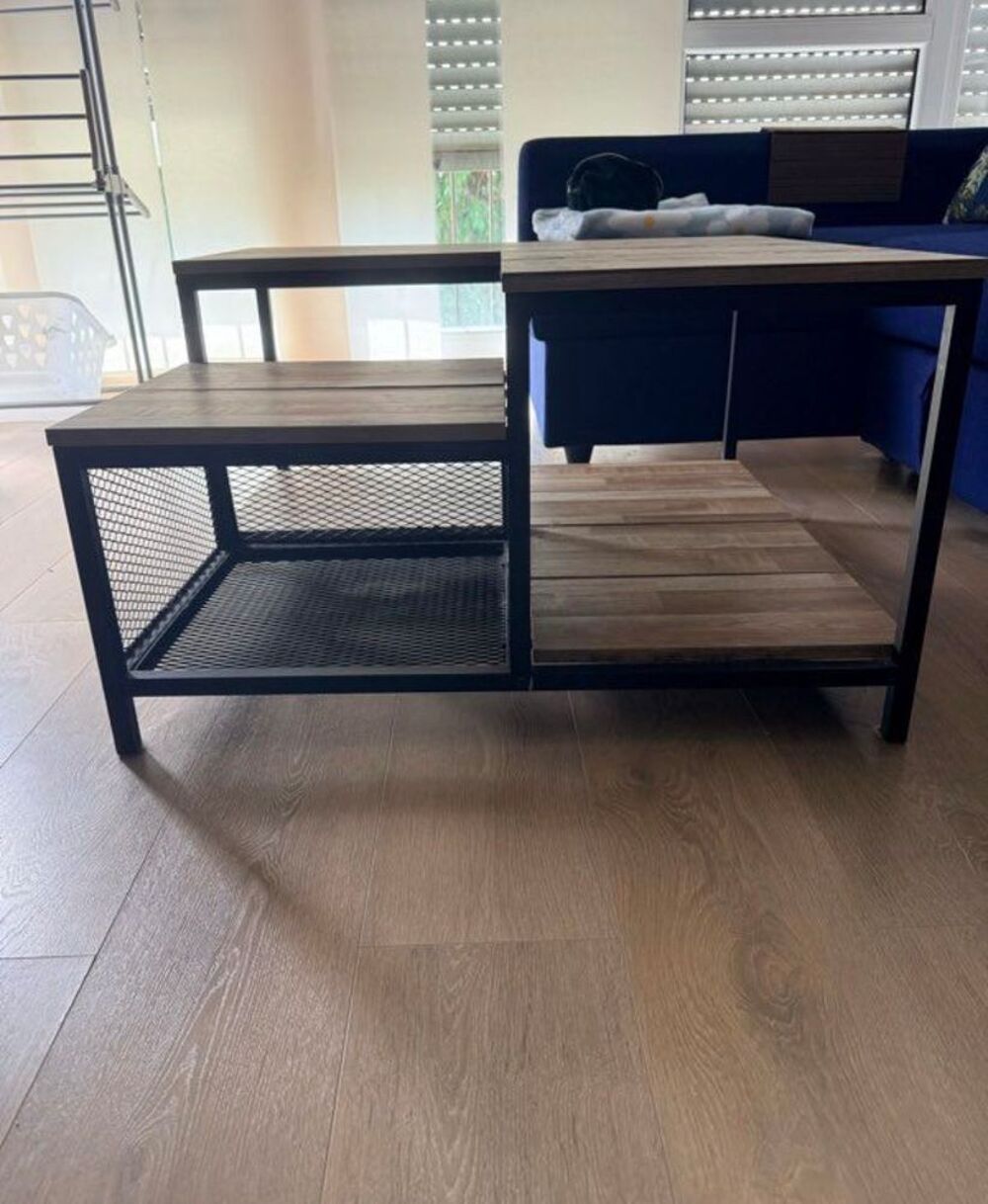 Table basse bois et m&eacute;tal deux niveaux Meubles