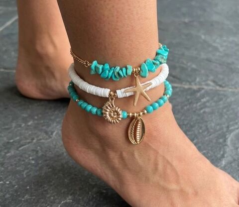 Lot de 3 bracelets de cheville d'été Style Bohème Turquoise 0 Fressain (59)