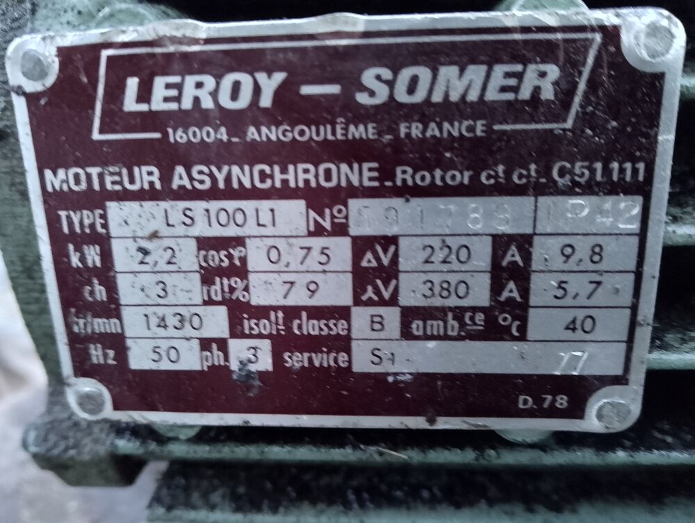 moteur triphase LS100L1 2.2 kw 1435t/mn 3cv Bricolage