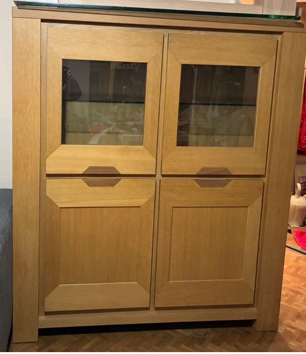 Vitrine 4 portes 2 vitres L130 H150 P41 en ch&ecirc;ne naturel. Meubles