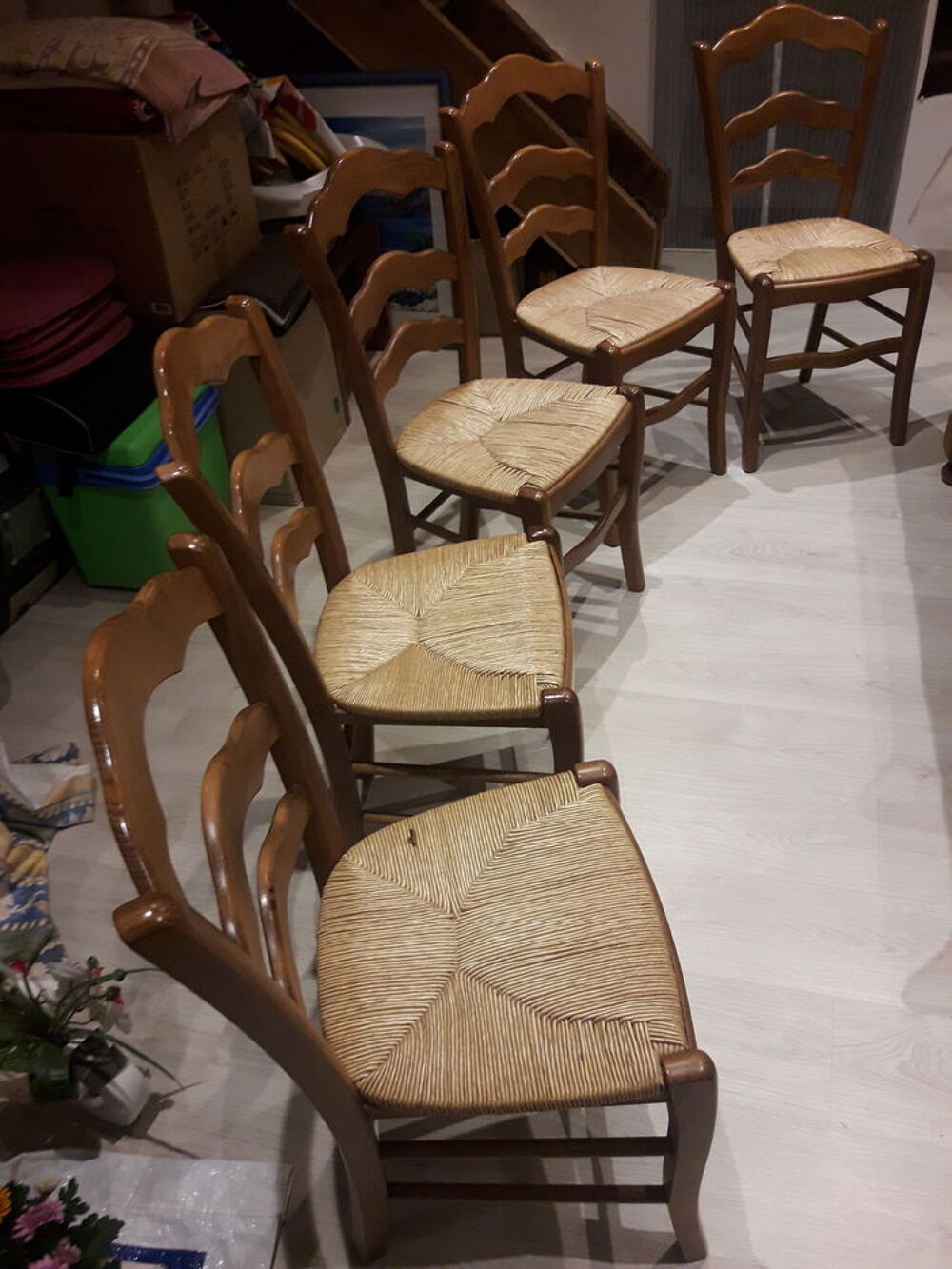 Table + 5 chaises assises paill&eacute;es en ch&ecirc;ne Meubles