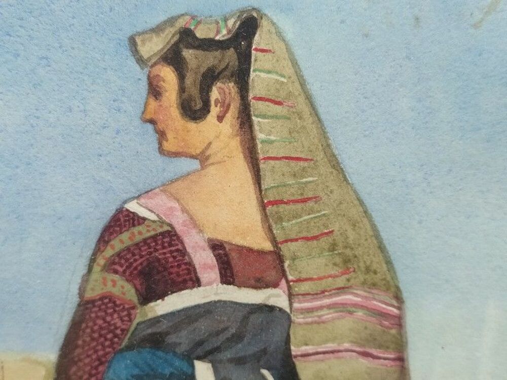 Tableau Aquarelle Costume Traditionnel Italien Italie XIX&egrave;me 