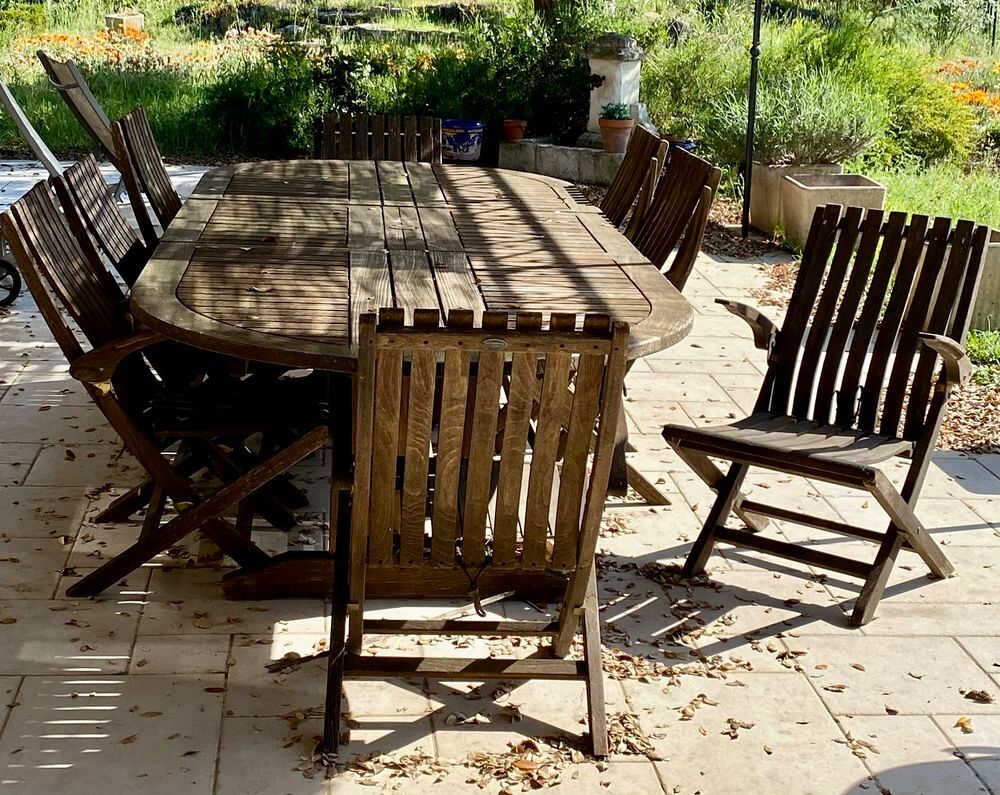 TABLE 3m et 8 FAUTEUILS pliants en TECK Jardin