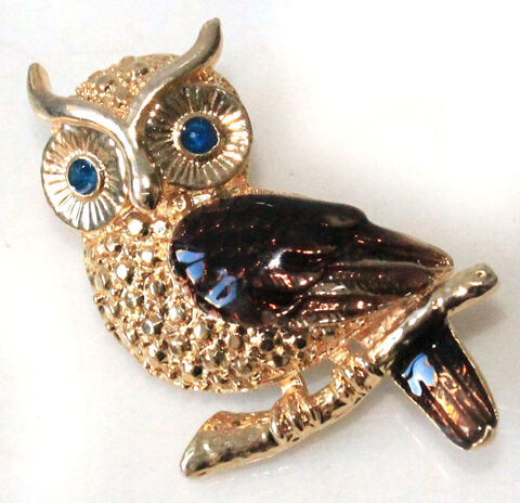 HIBOU YEUX BLEU EMAIL ANCIENNE BROCHE VINTAGE or 18 Nice (06)