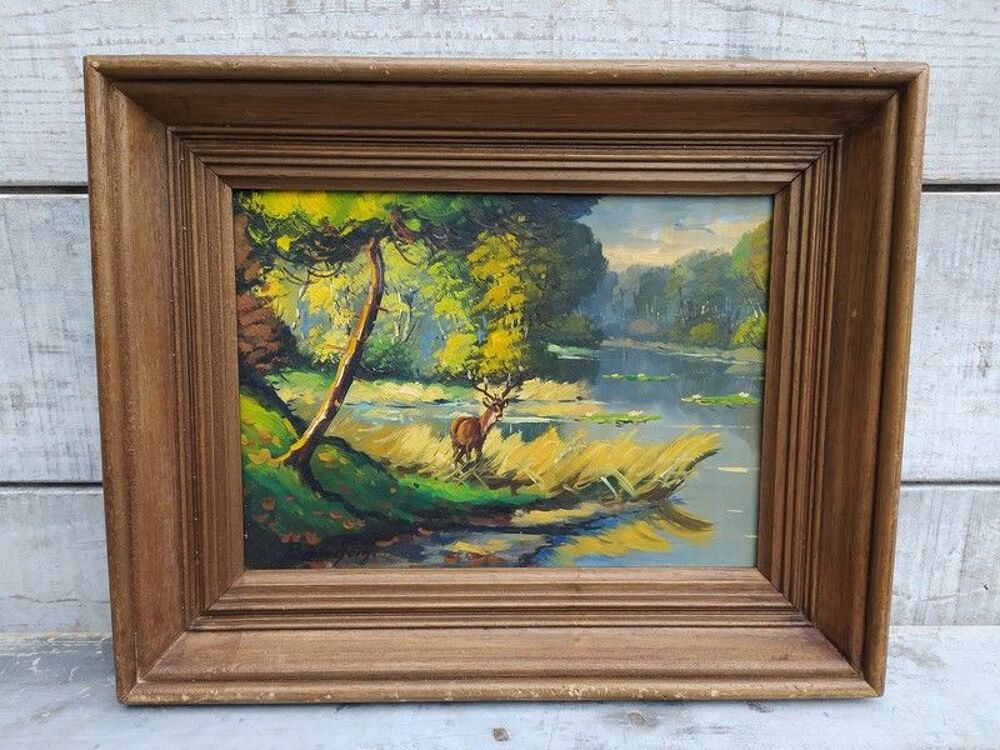 Tableau Paysage Forestier Cerf au Bord d'&Eacute;tang Sign&eacute; Baudoin Décoration