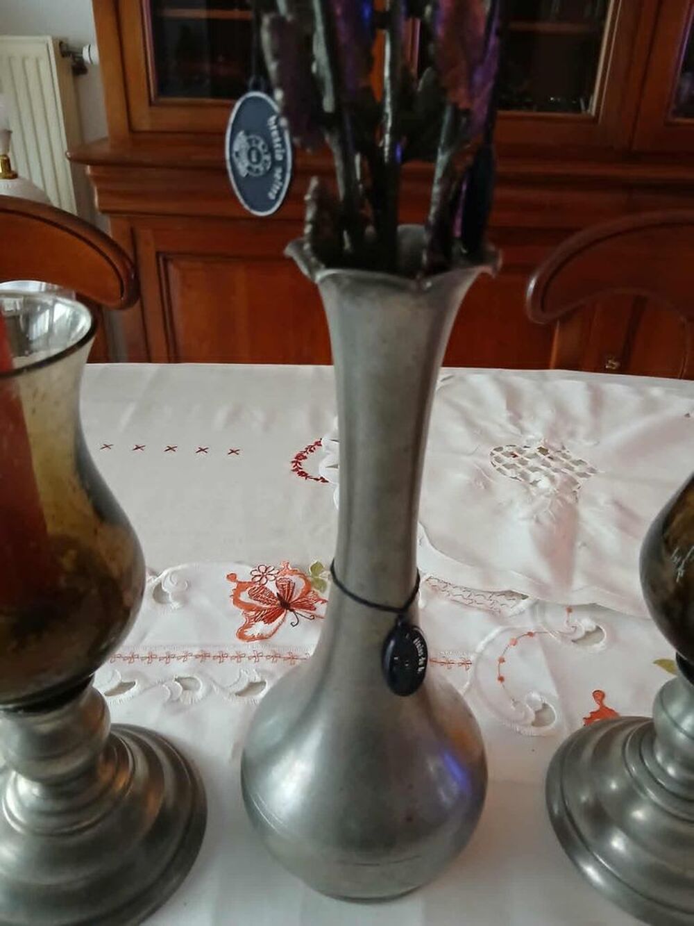  Vase vintage 3 roses &eacute;tain 2 photophores &eacute;tain verre bull&eacute; D�coration