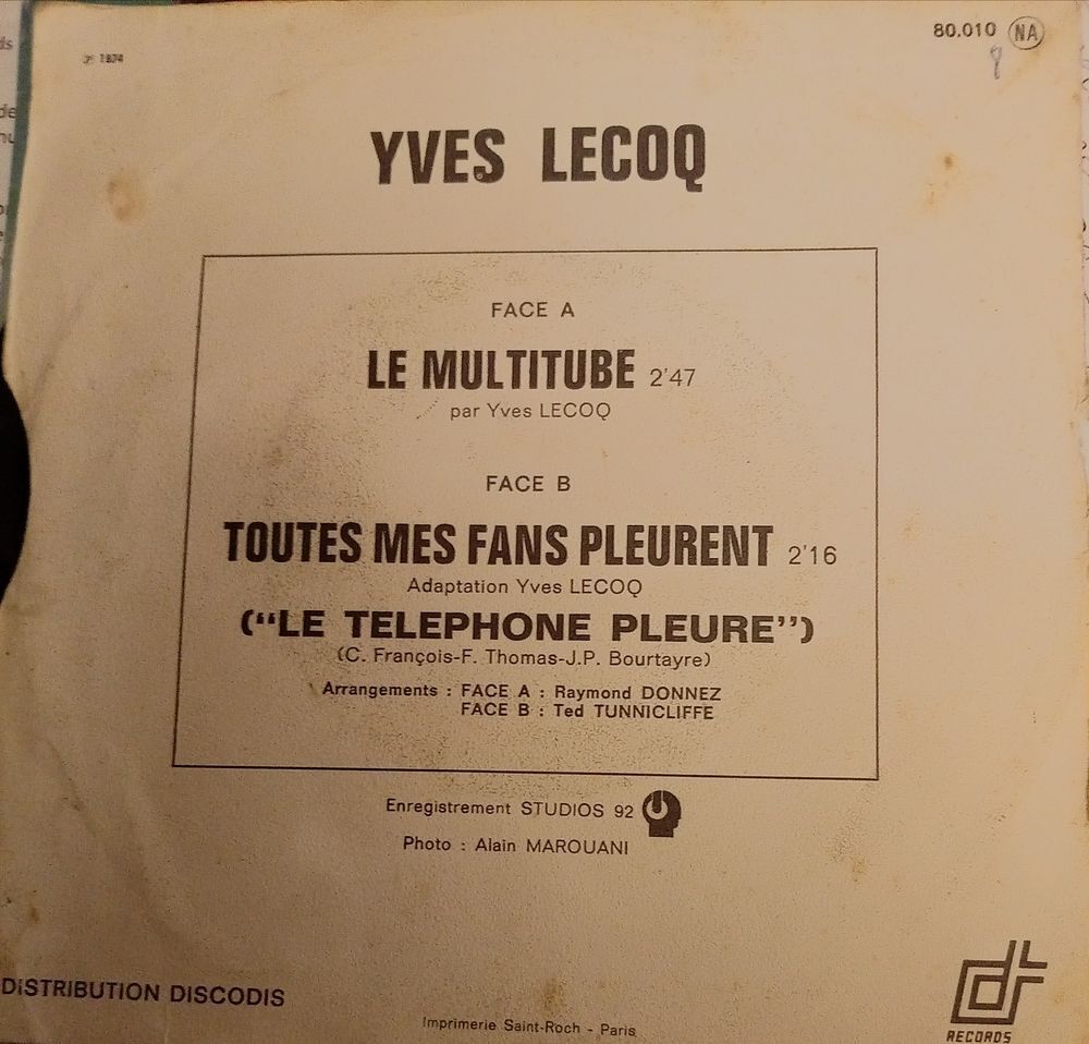 YVES LECOQ / 3 X DISQUES VYNIL 45 TOURS &sect; CD et vinyles