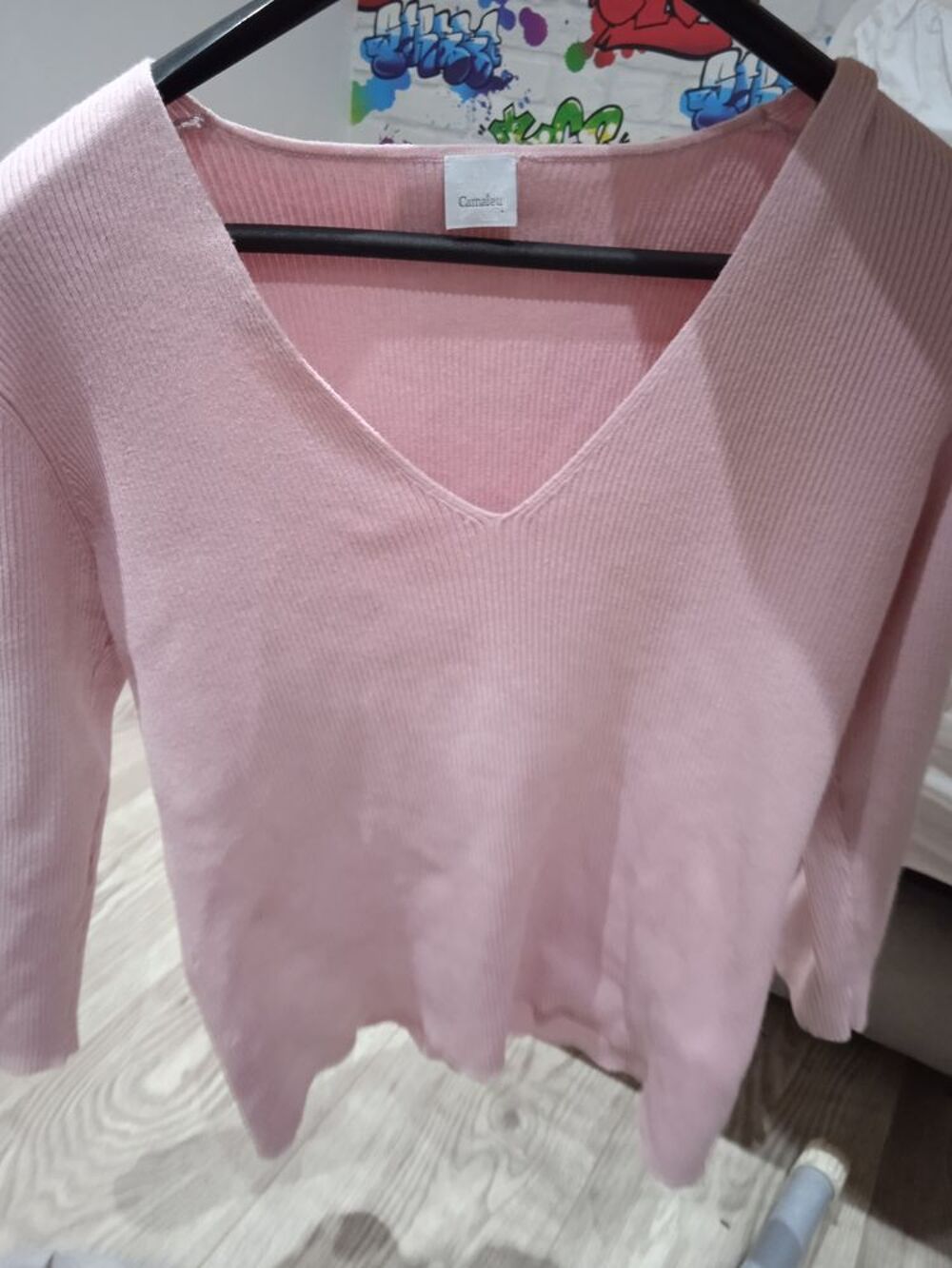 Petit pull rose marque Cama&iuml;eu T 40 manches 3/4 50 % coton e Vêtements